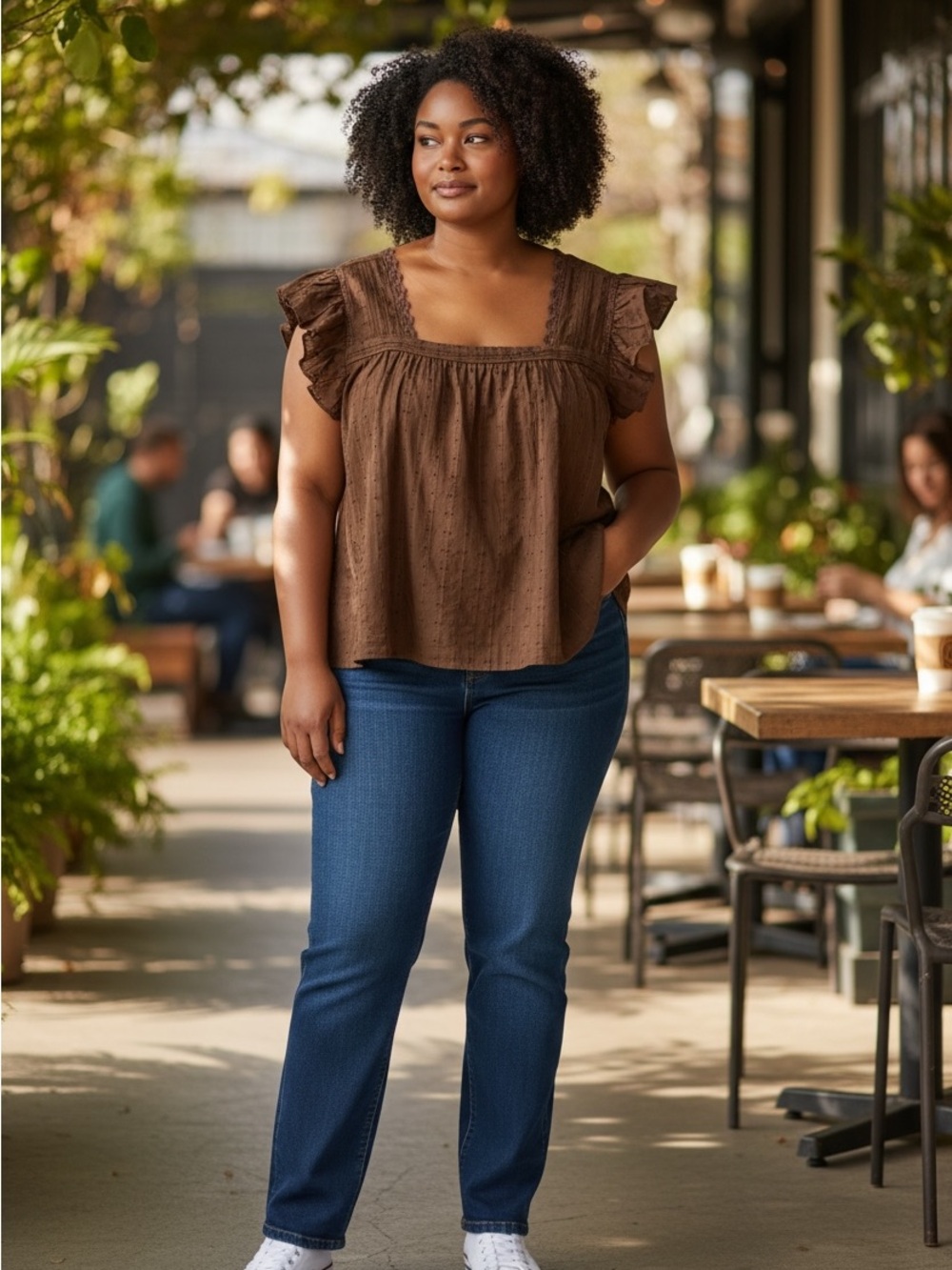 LÉA Brown Cotton Ruffle Sleeve Square Neck Blouse Plus Size 2X Women’s
